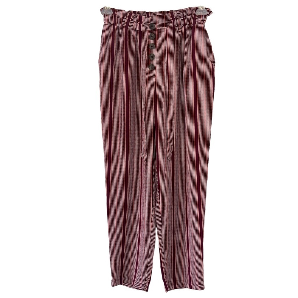 June &‎ Hudson Red Striped Button Tapered Leg Palazzo Pants Belted Paper Bag